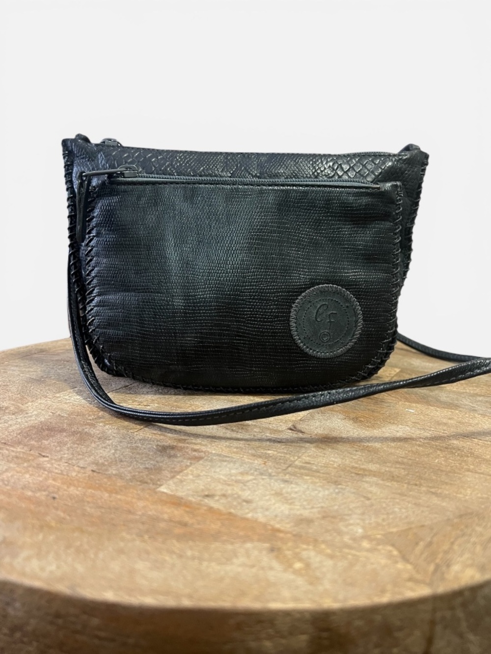 Carlos Falchi Black Embossed Leather Crossbody Bag | Vintage Snakeskin Texture |